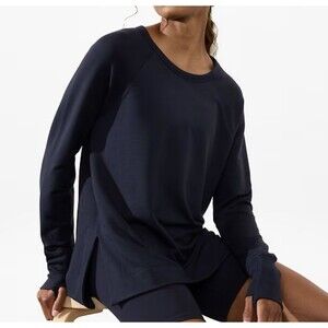 Athleta Womens Coaster Luxe Sweatshirt Navy Blue Size Small High Lowe Thumbholes
